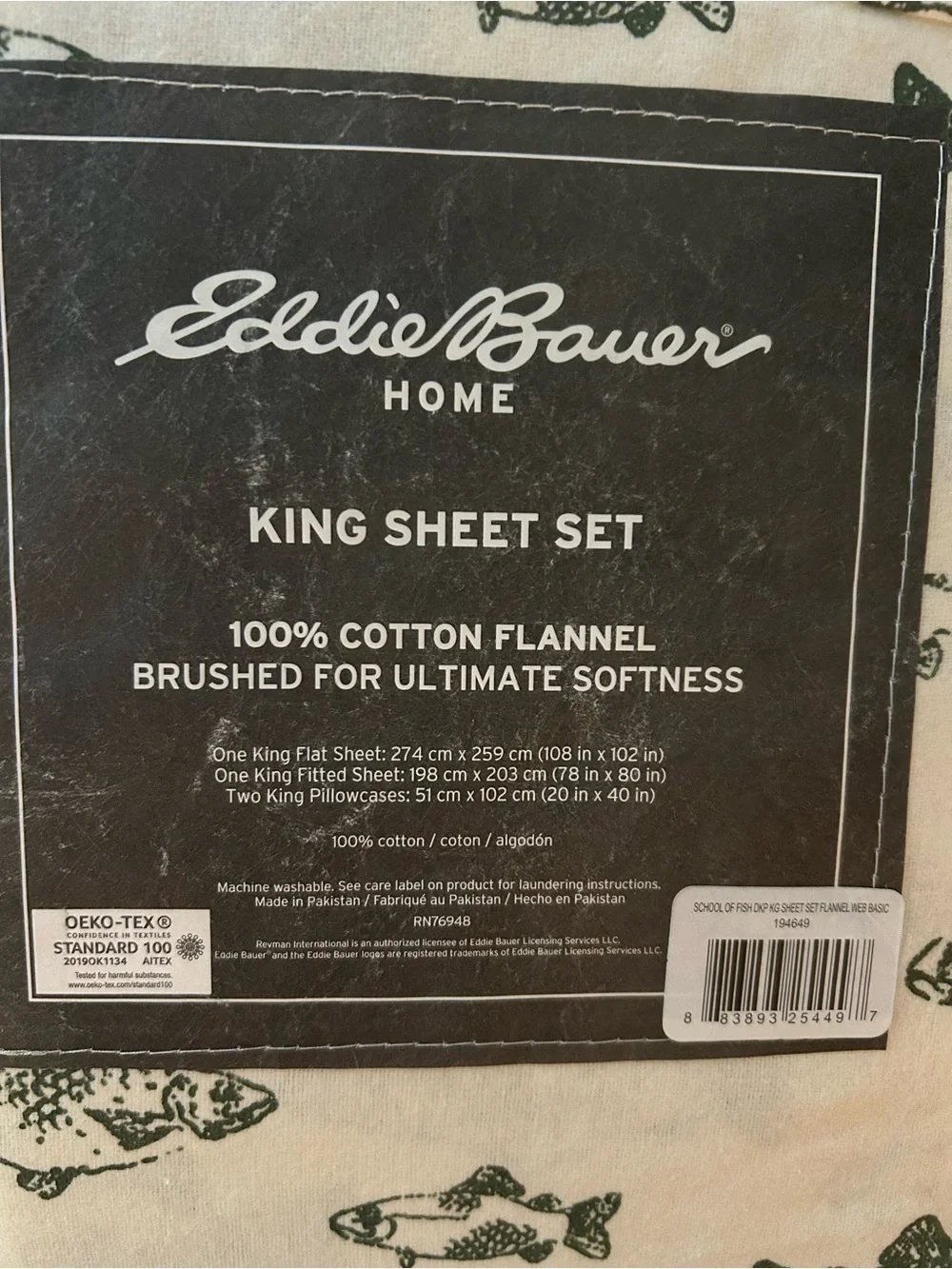 NWT Eddie Bauer Home King Flannel Sheet Set - Cream with Green Fish Print